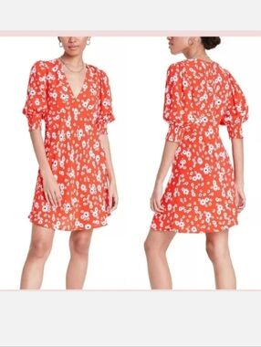 Rixo For Target Orange  Floral V-Neck Puff Sleeve Dress